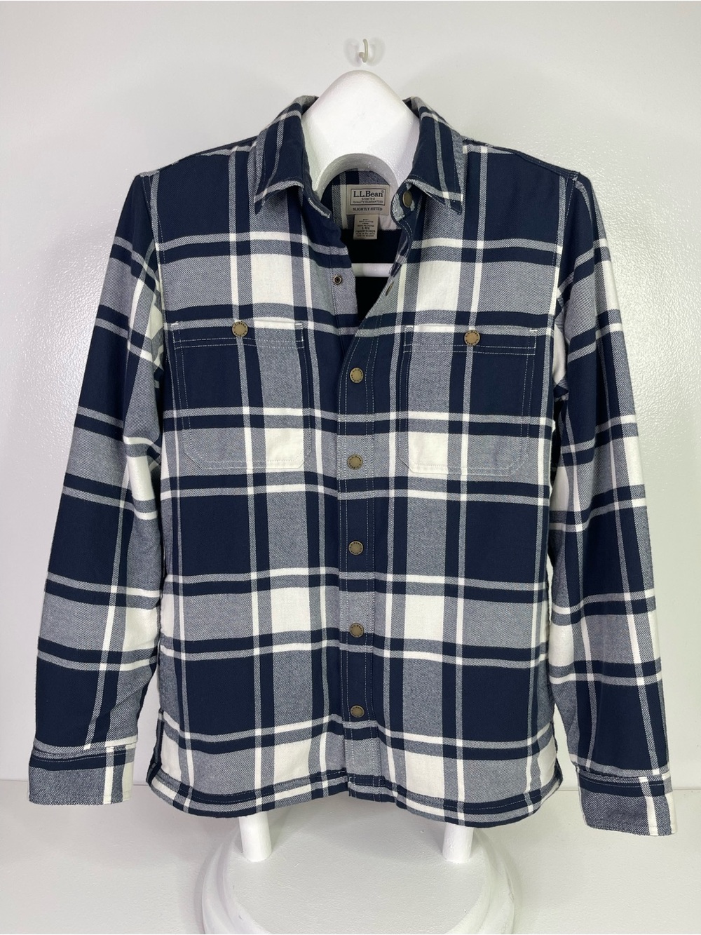L.L.Bean Fleece Lined Flannel Shirt Mens S Reg Navy Blue White Plaid Jacket